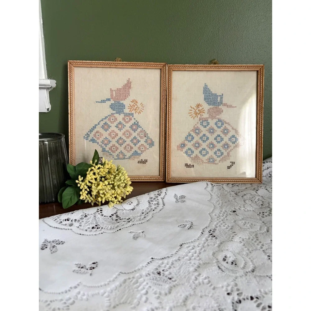 Vintage Sunbonnet Sue Cross Stitch Framed Set of 2 Folk Art Wall Decor